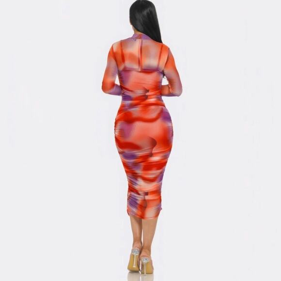 Capsulle Red Summer Heat Print Mesh Ruched Midi Bodycon Dress Sz M - Picture 12 of 14